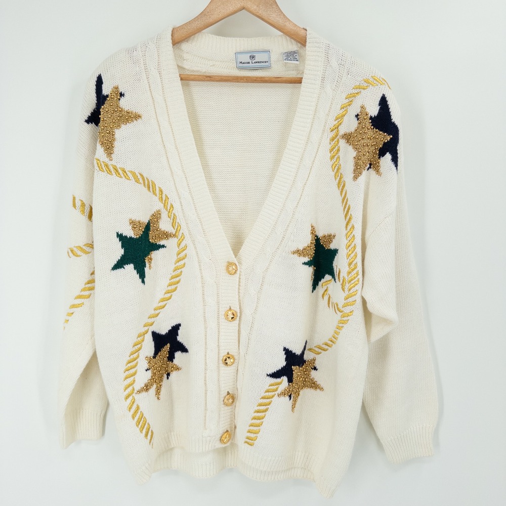 Vintage Maggie Lawrence Cardigan‎ Womens L Star Nautical Cream Sweater Novelty